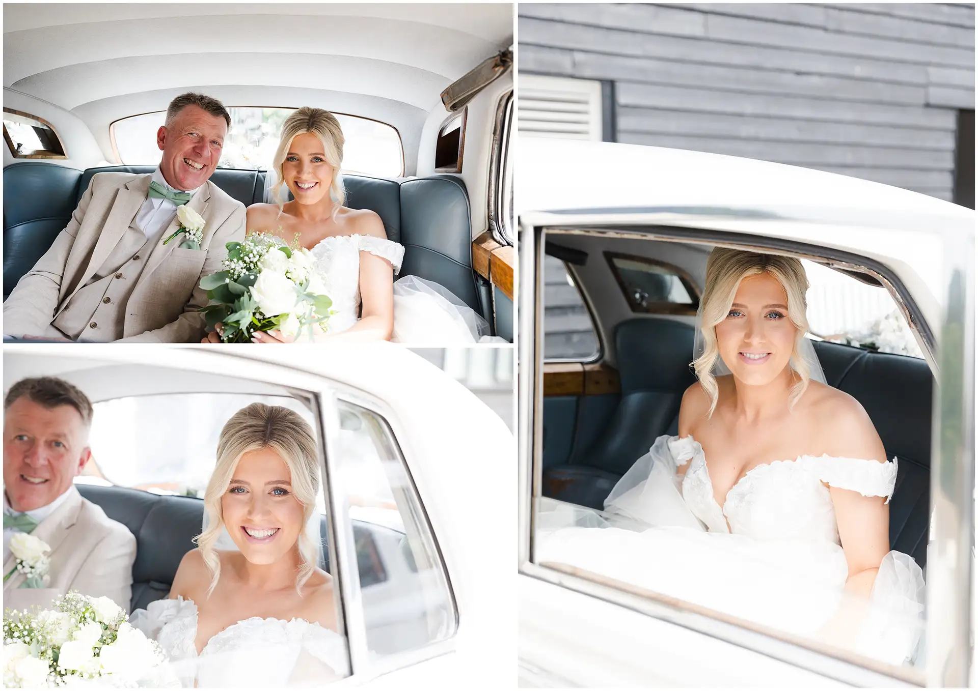 bride in car at Winters Barns