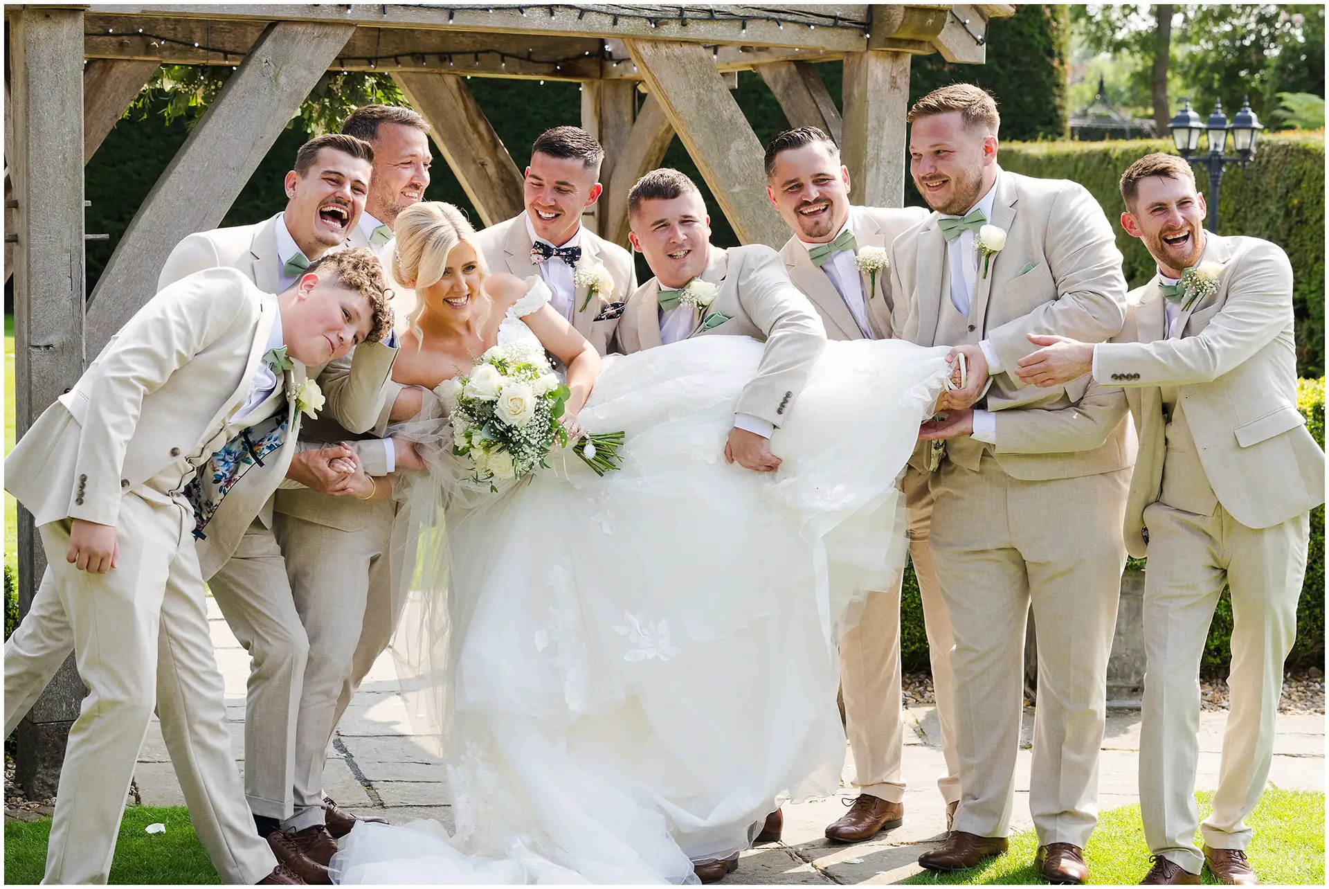 bride and groomsmen at Winters Barns