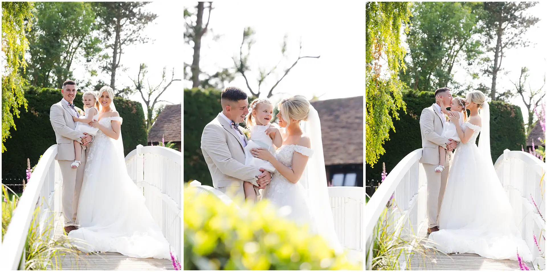 bride and groom posing on the bridge at Winters Barns