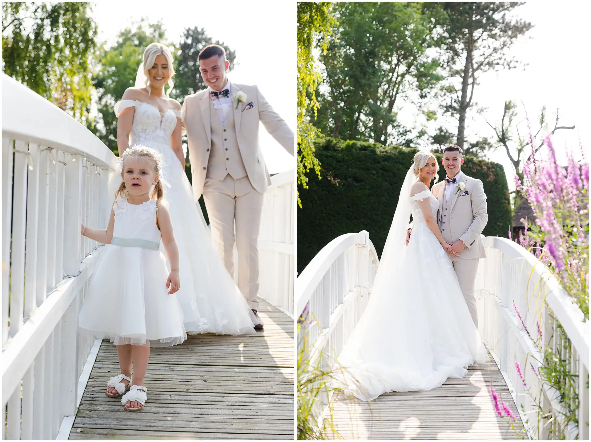 bride and groom posing on the bridge at Winters Barns