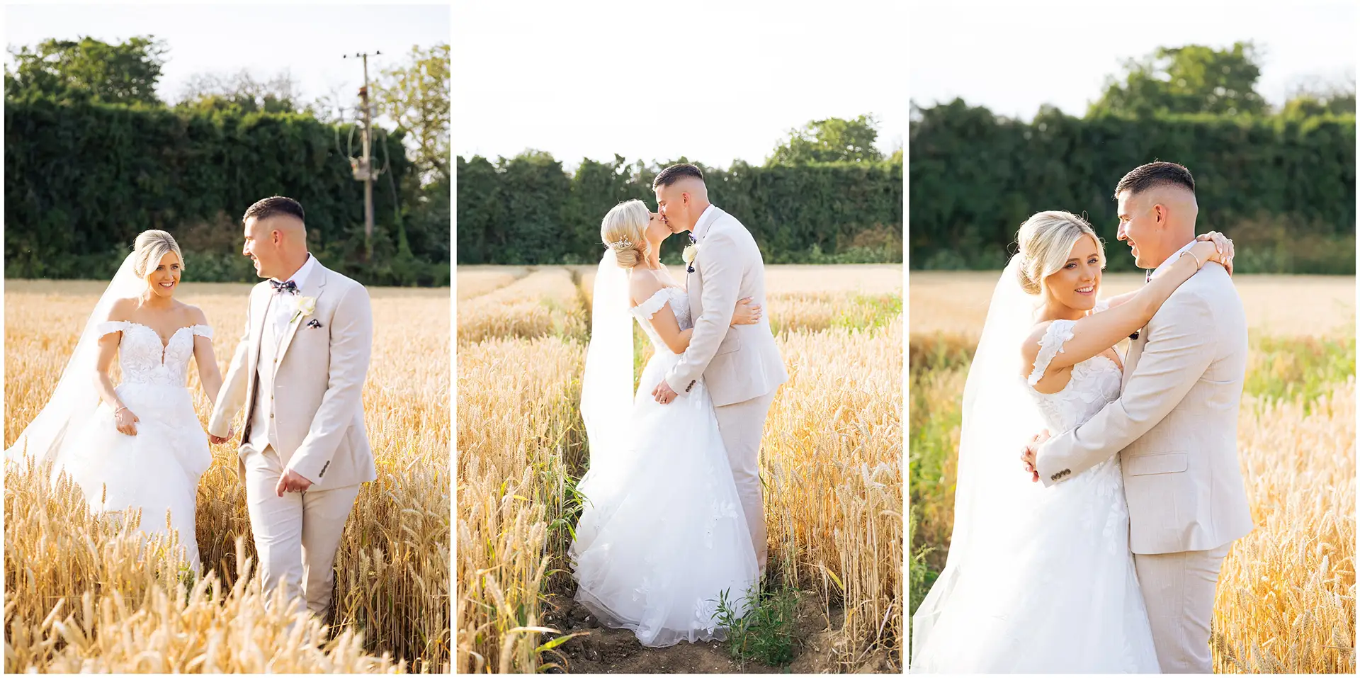 bride and groom in a field during golden hour at Winters Barns