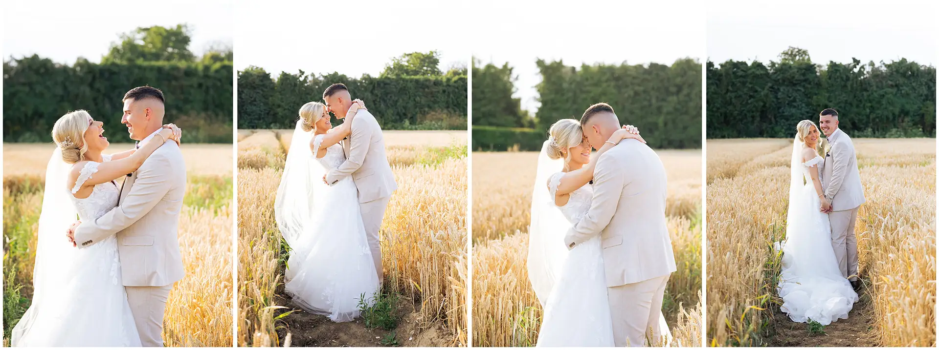 bride and groom in a field during golden hour at Winters Barns. Louisa Dettmer Wedding Photography
