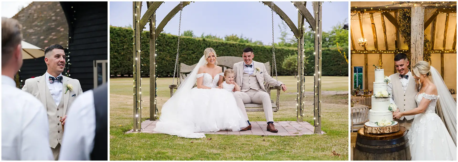 a man and woman sitting on a swing with a child at Winters Barns