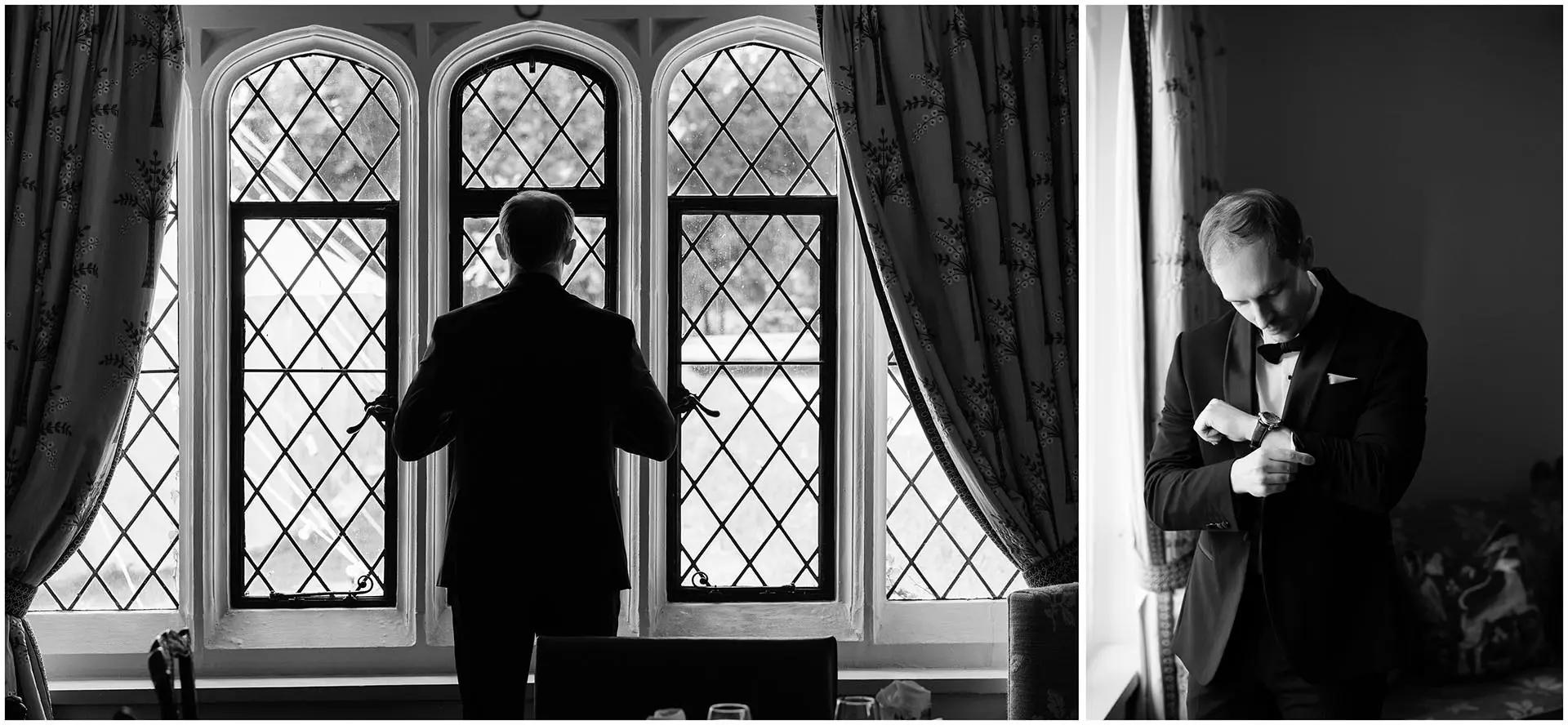 man in tuxedo by window groom at eastwell manor by louisa dettmer photography