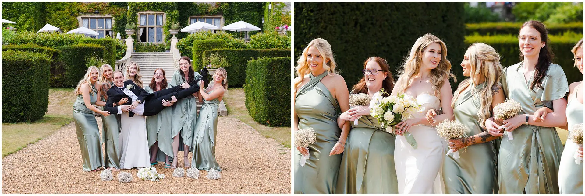 groom carried by bridesmaids group photos at eastwell manor by louisa dettmer photography