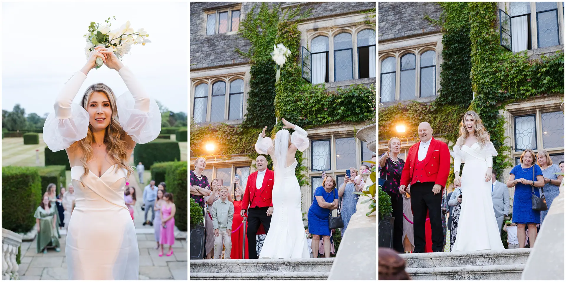 bride lifts bouquet high eastwell manor by louisa dettmer photography