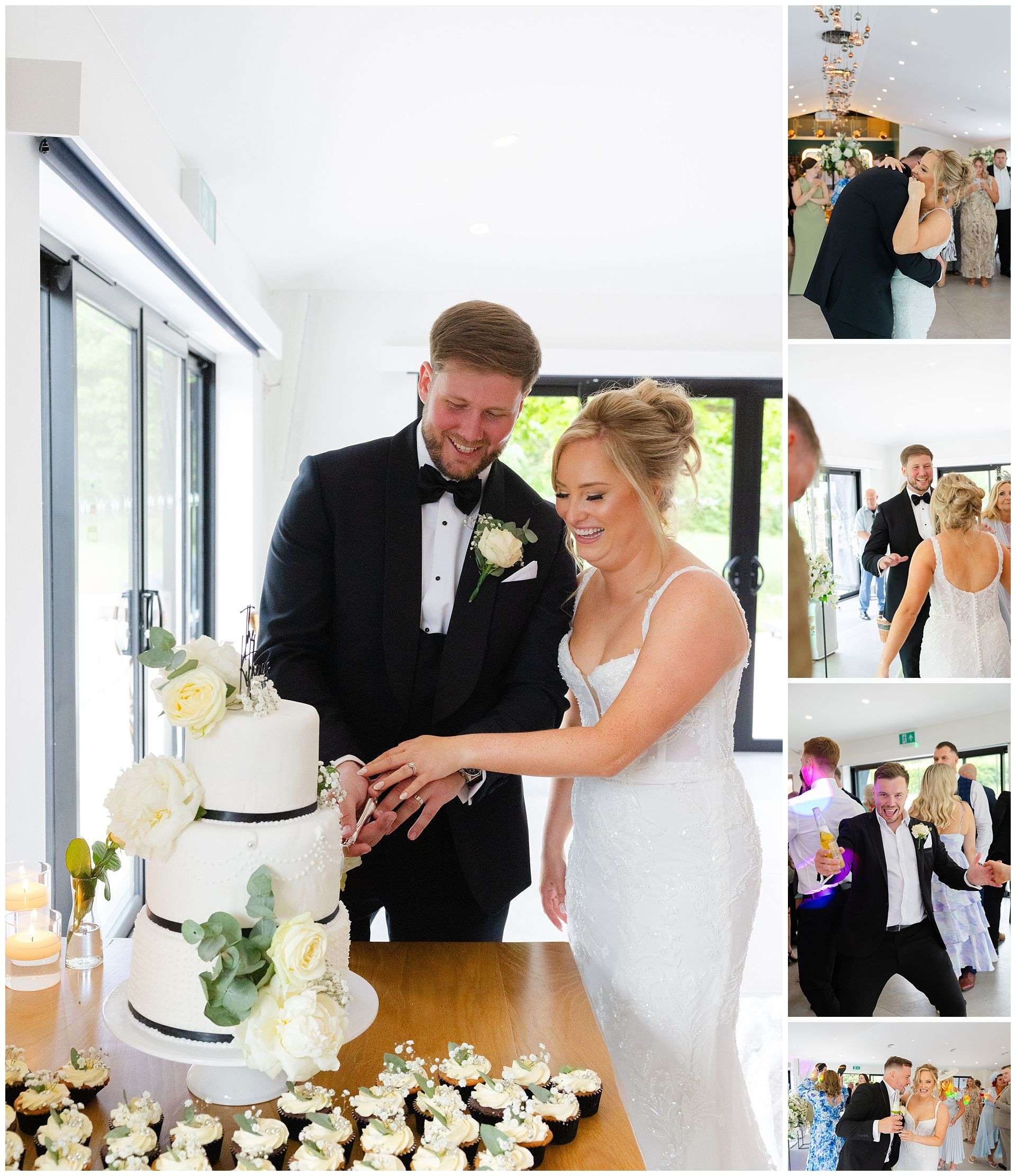 cutting the wedding cake, first dance and evening reception party at chapel house estate by Louisa Dettmer Photography
