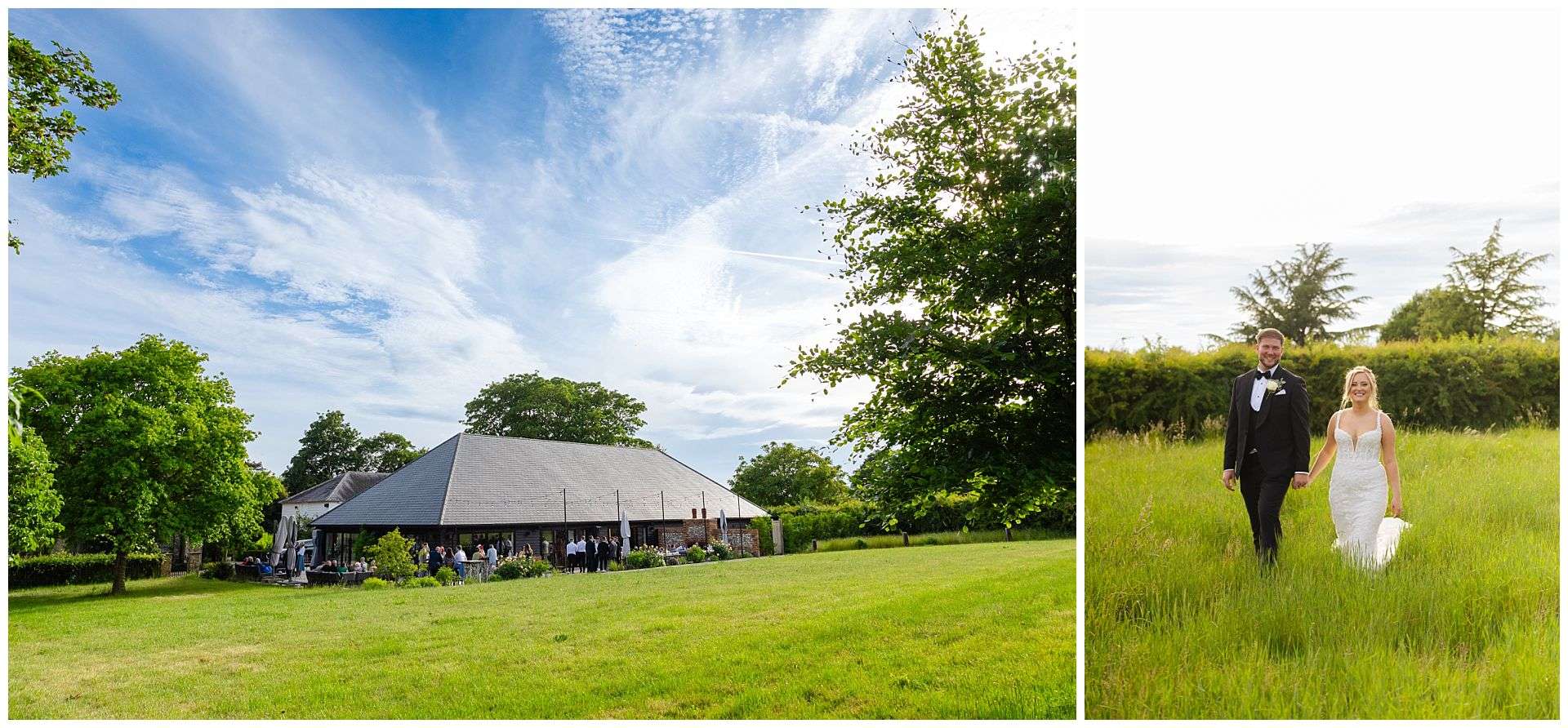 couple walking in long grass in field at chapel house estate wedding venue
