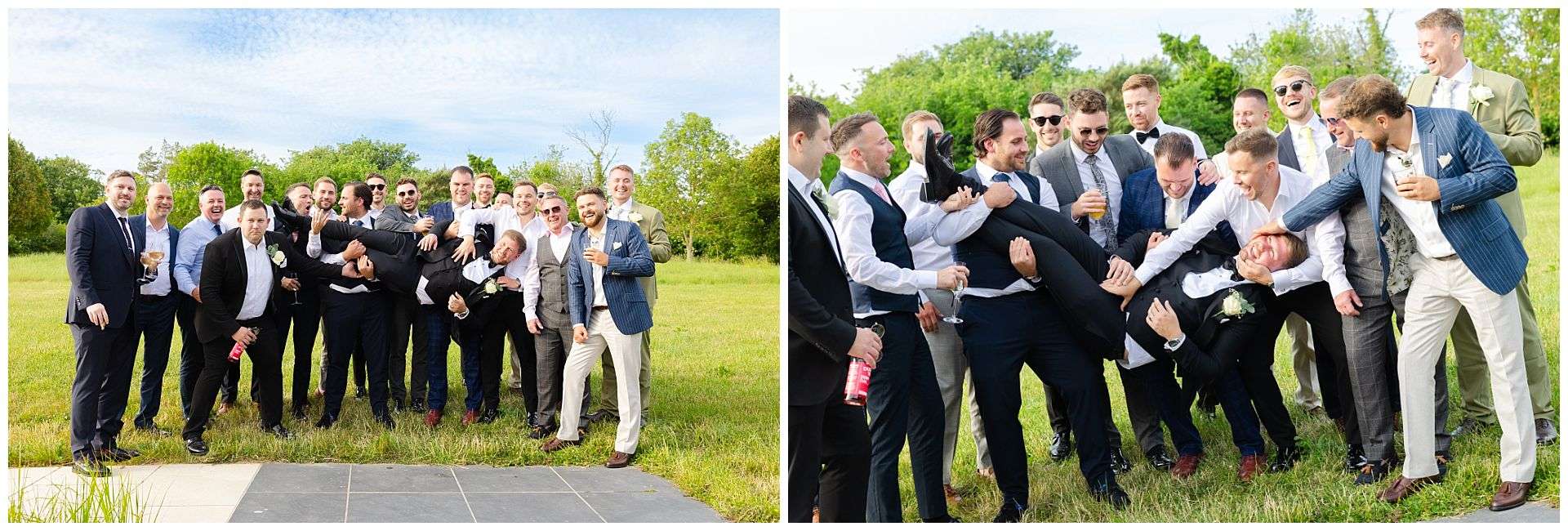 groom being lifted by group of friends, fun wedding photos at chapel house estate wedding venue by Louisa Dettmer Photography