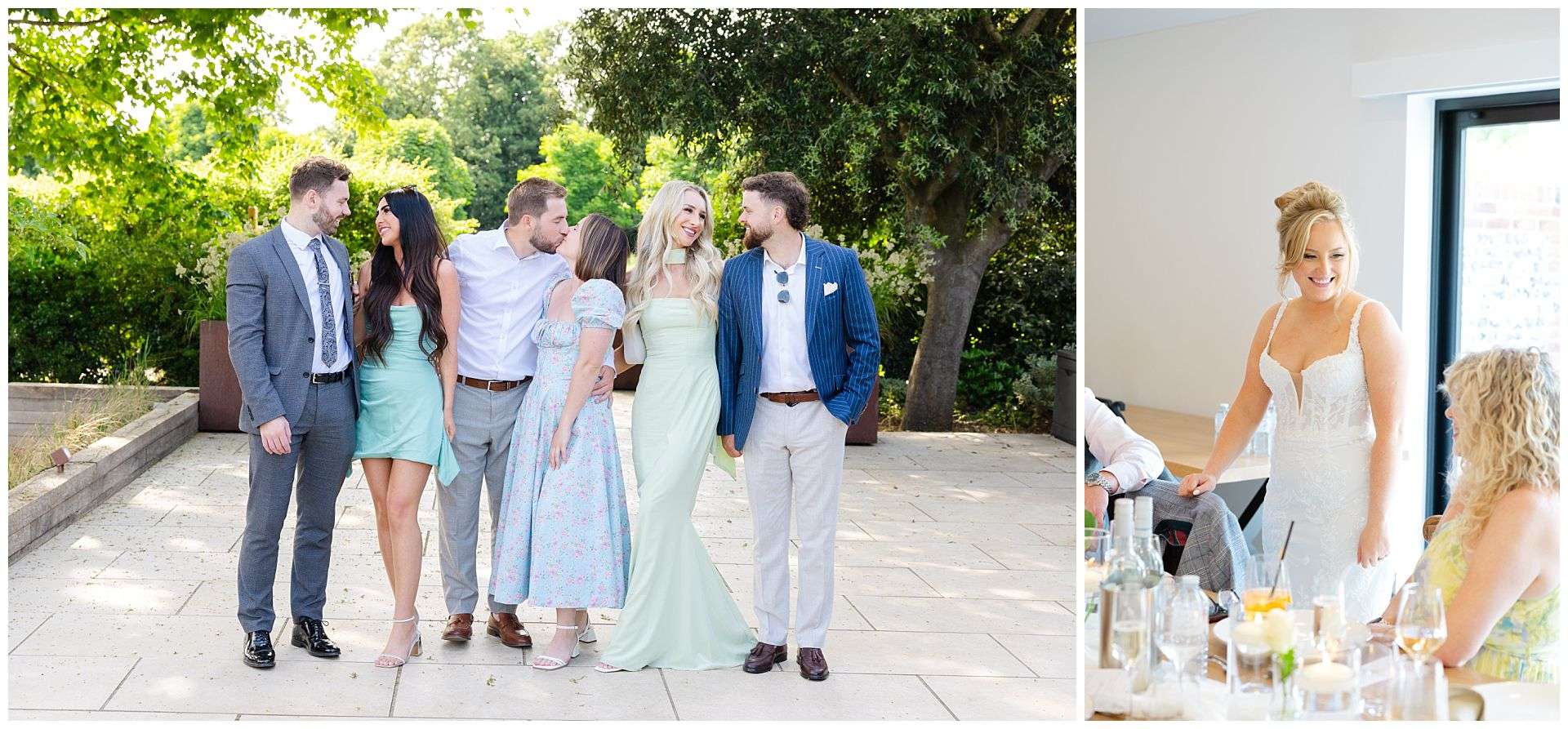 wedding guest group photos and bride chatting with guests at chapel house estate wedding venue
