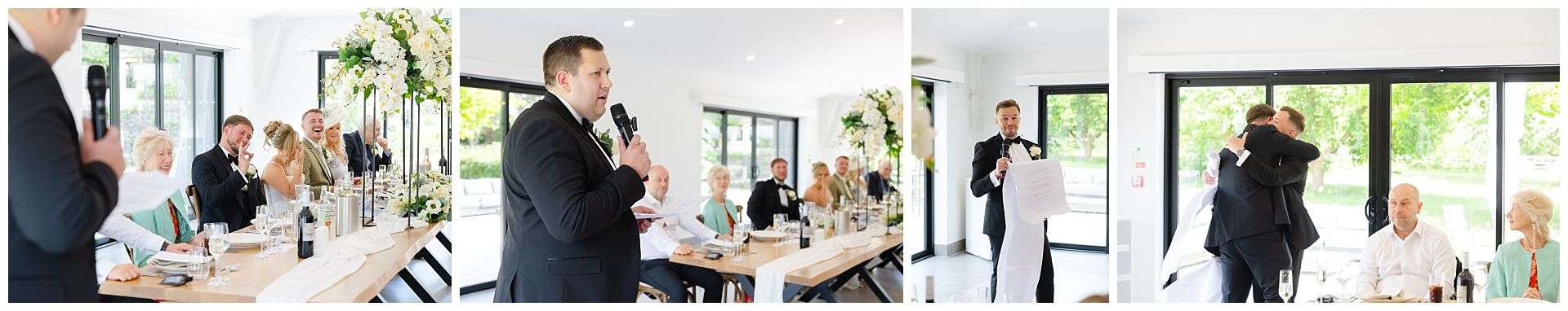 Best man speech dinner jacket and bow tie at chapel house estate wedding venue by Louisa Dettmer Photography