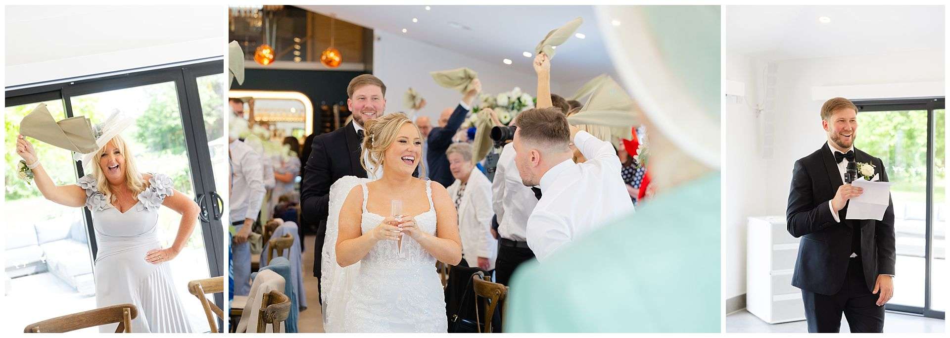 grooms speech, wedding breakfast entrance, guest twirling napkin at chapel house estate wedding venue by Louisa Dettmer Photography