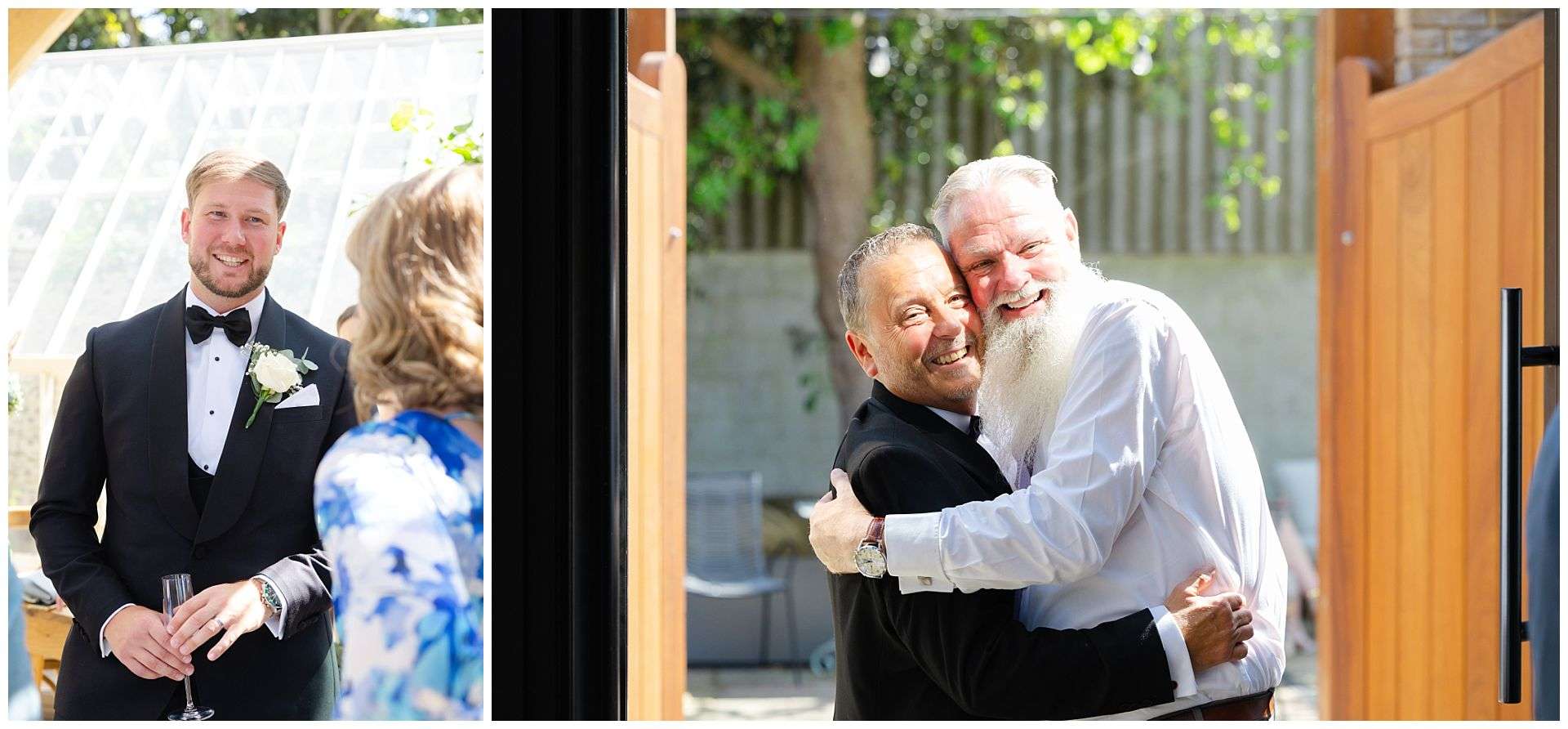 groom in dinner jacket and bow tie, fun guest candid photos