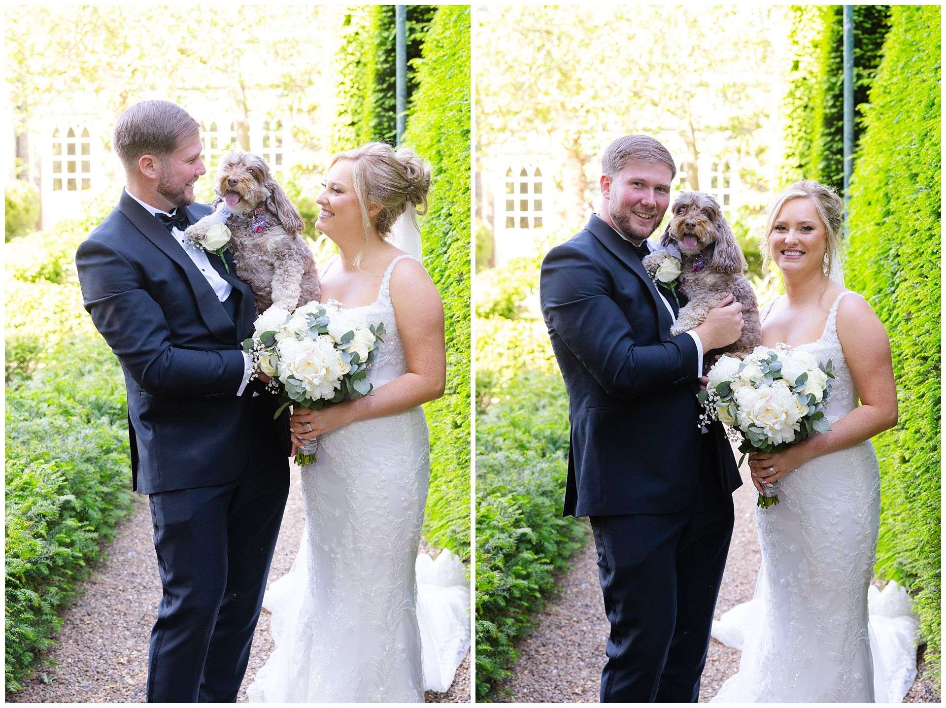Bride and Groom cuddling with their dog on the wedding day at chapel house estate wedding venue by Louisa Dettmer Photography