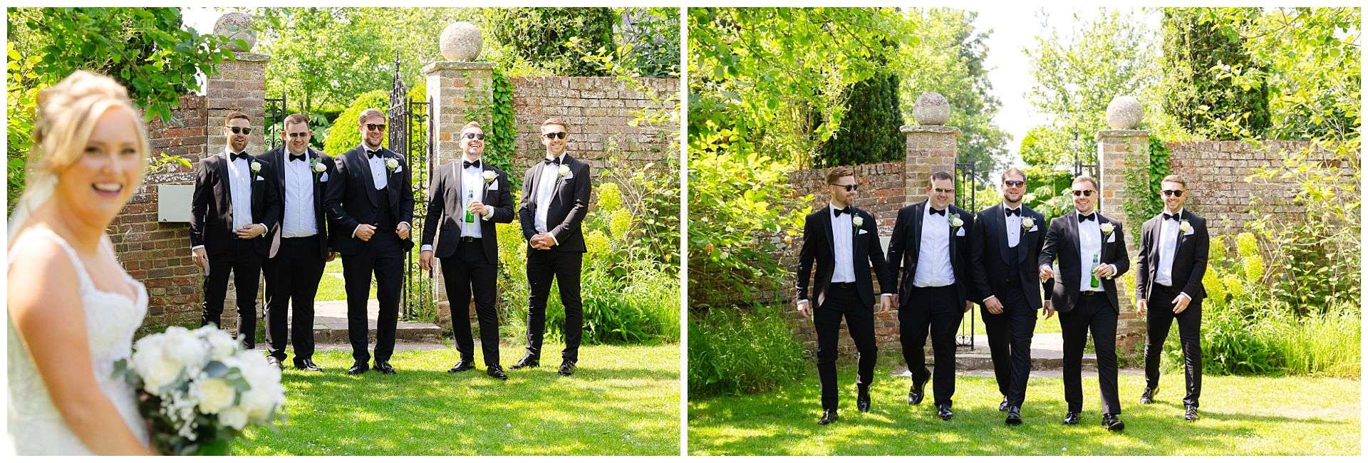 groomsmen walking, dinner jackets and bow ties at chapel house estate wedding venue by Louisa Dettmer Photography