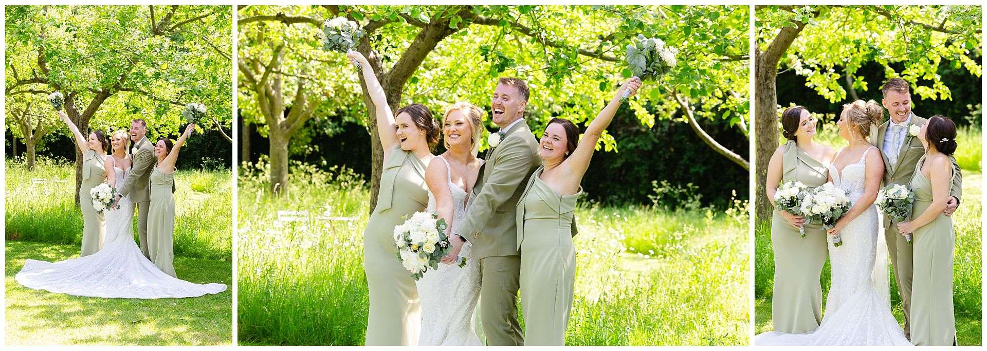 happy, cheering bridal party and Brides man photos at chapel house estate wedding venue by Louisa Dettmer Photography