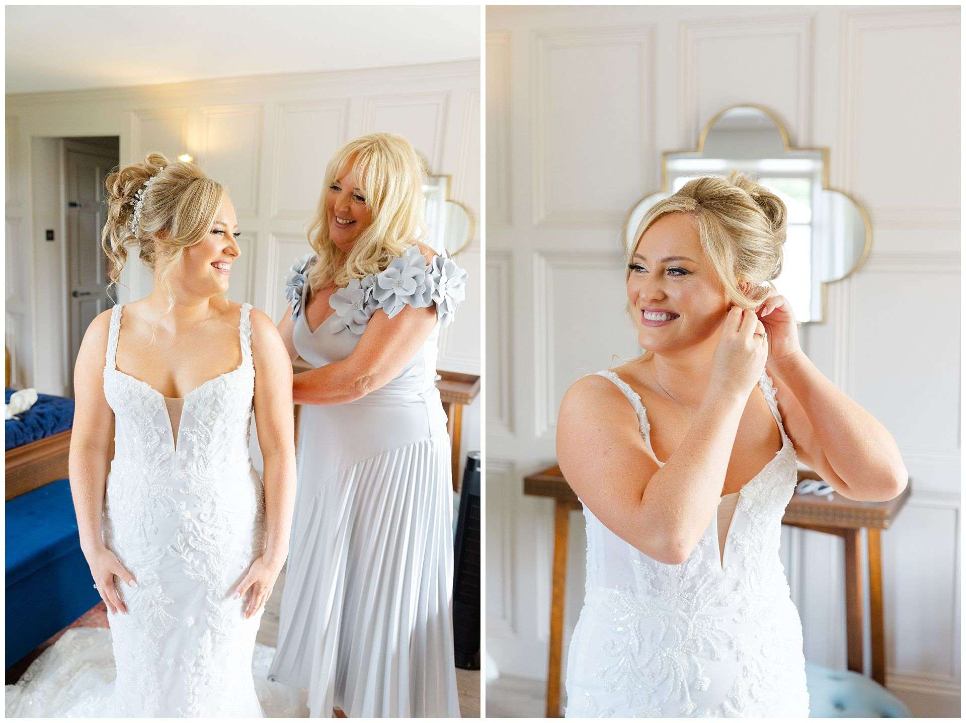 bride getting dressed at chapel house wedding venue by Louisa Dettmer Photography