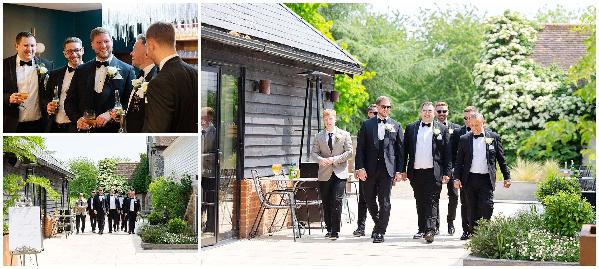 groom and groomsmen in dinner jackets walking at chapel house wedding venue by Louisa Dettmer Photography