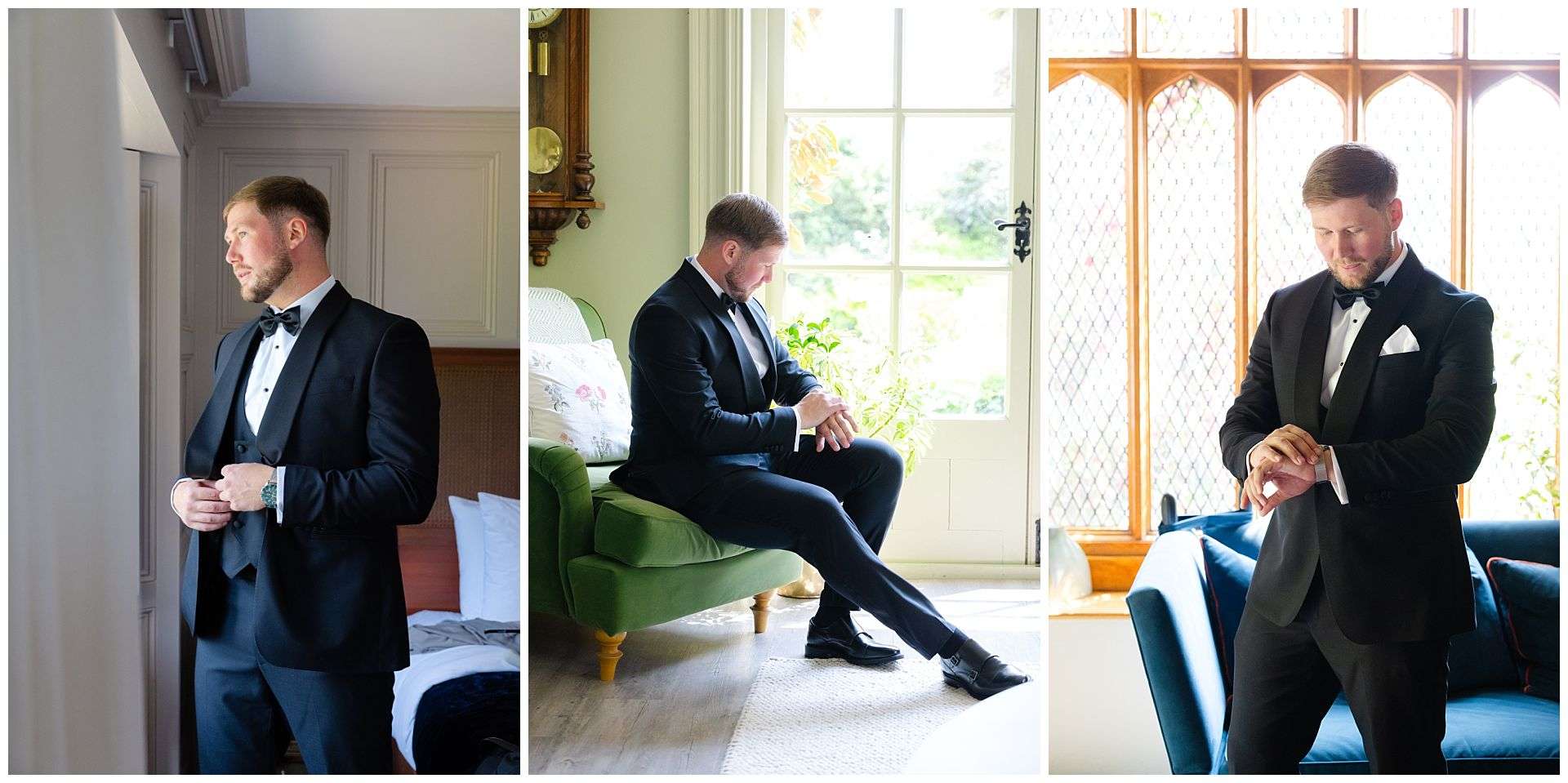 groom prep at chapel house dinner suit attire