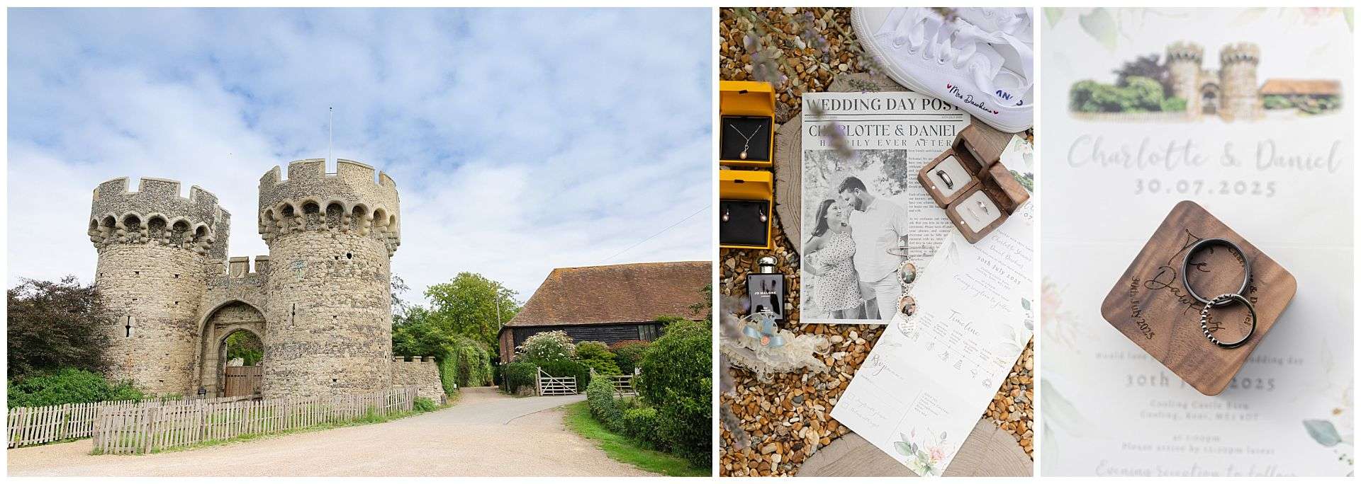 wedding day newspaper, rings personalised print, invites, perfume and jewellery at Cooling Castle Barn Wedding Venue by Louisa Dettmer Photography