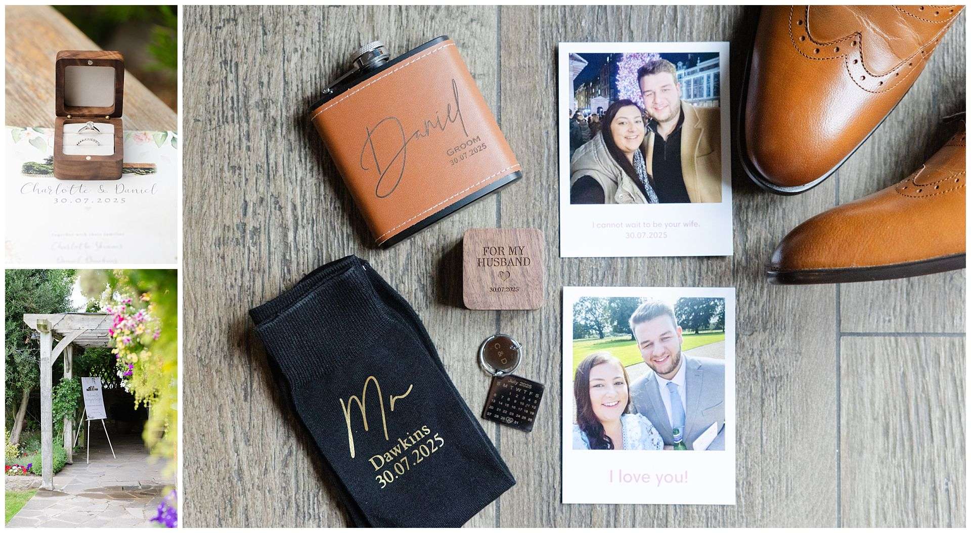welcome sign, rings, flat lay of groom accessories at Cooling Castle Barn Wedding Venue by Louisa Dettmer Photography