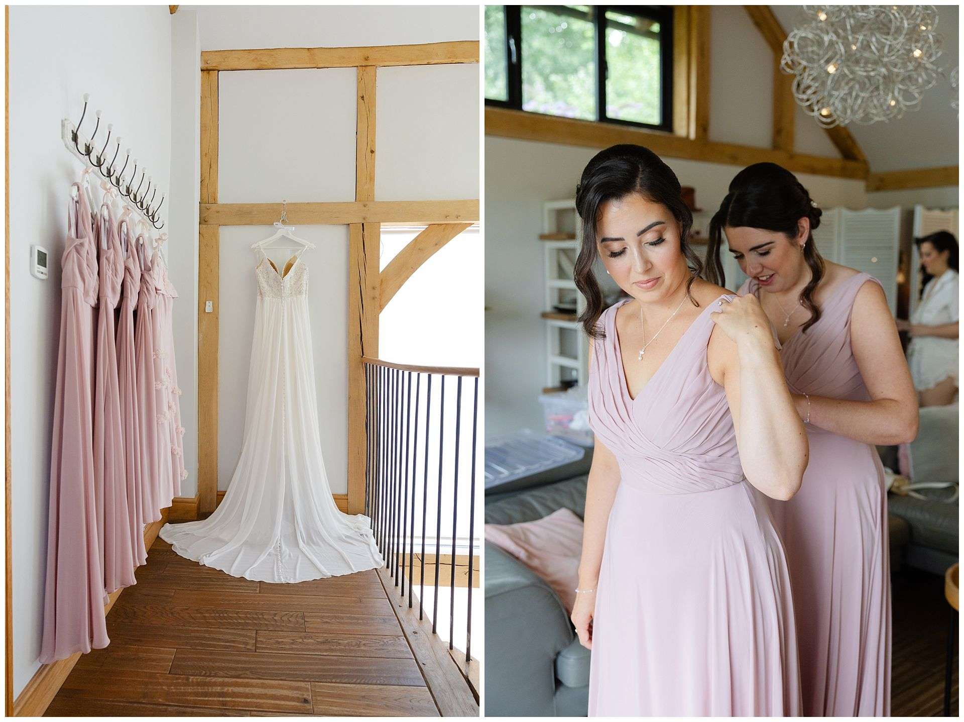 bride and bridesmaids wedding dress, getting dressed at Cooling Castle Barn Wedding Venue by Louisa Dettmer Photography