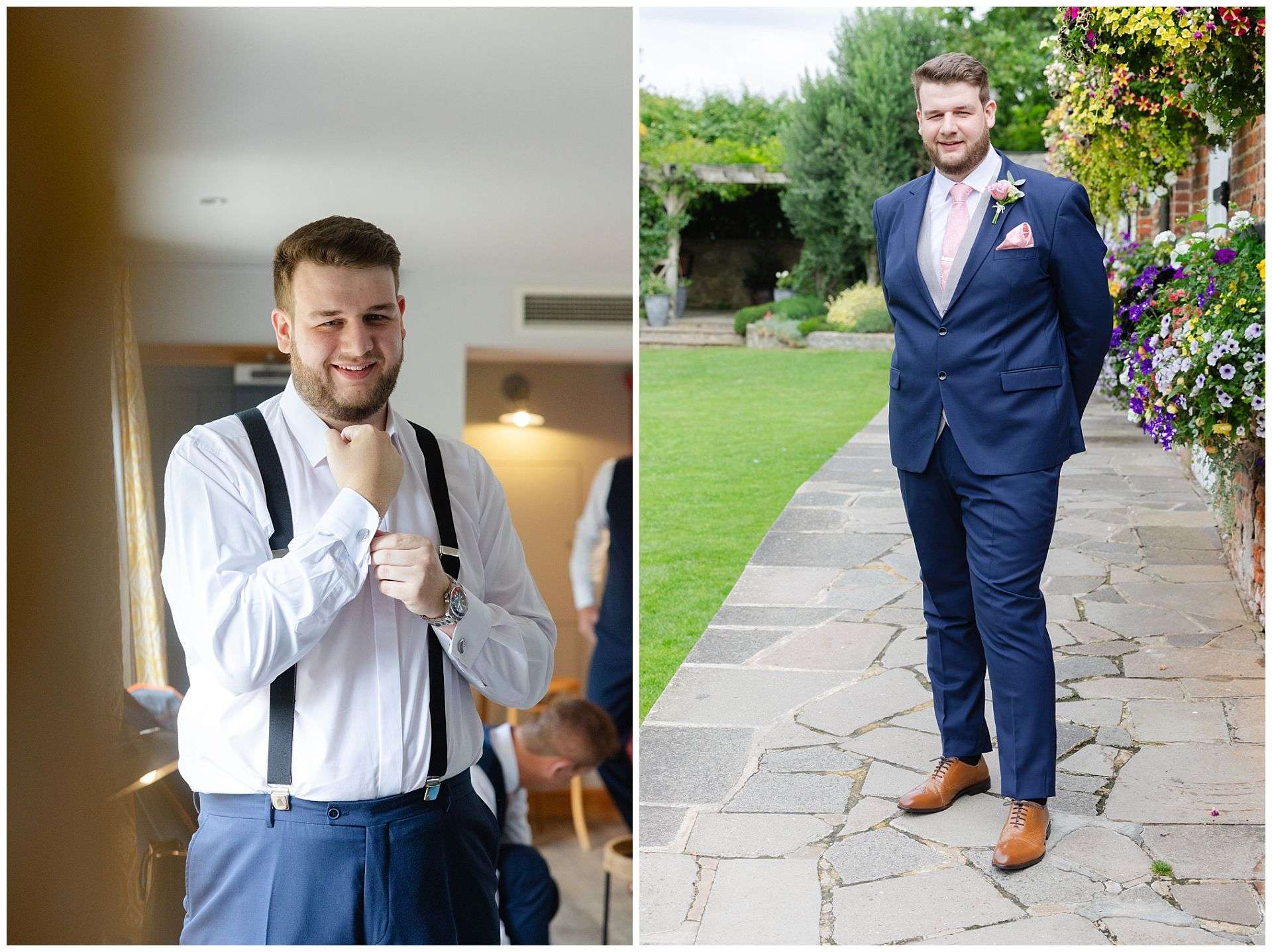 groom preparations, getting ready, cufflinks going on at Cooling Castle Barn Wedding Venue by Louisa Dettmer Photography