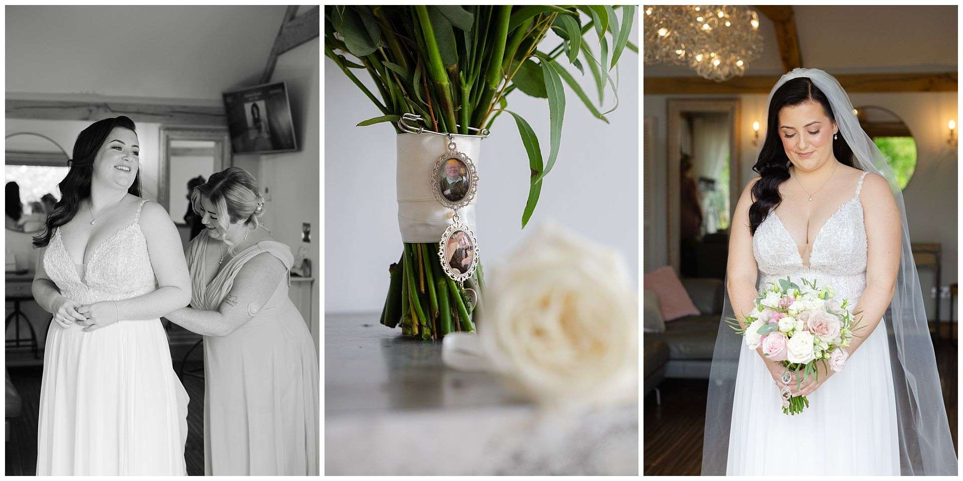 bridal portraits and memory bouquet charm at Cooling Castle Barn Wedding Venue by Louisa Dettmer Photography