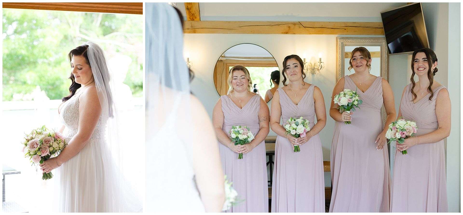 bridesmaids first look, bridal portraits at Cooling Castle Barn Wedding Venue by Louisa Dettmer Photography
