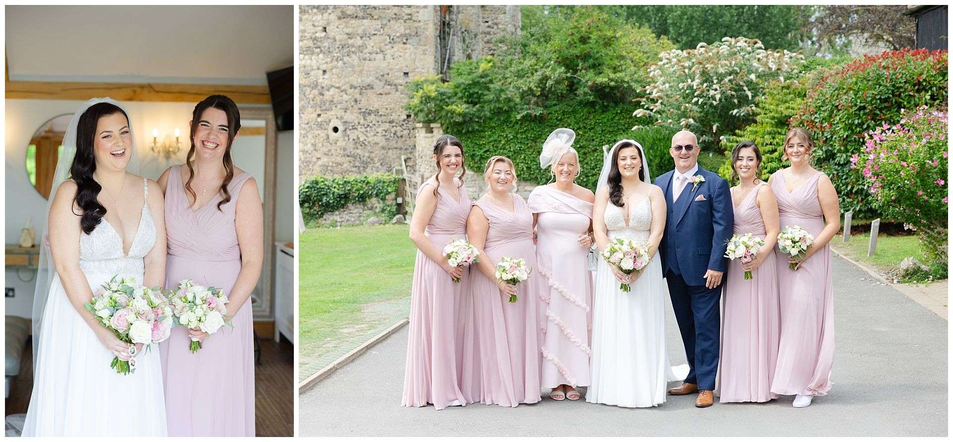 bride and her sister, mum, dad and bridesmaids with bride before the ceremony at Cooling Castle Barn Wedding Venue by Louisa Dettmer Photography