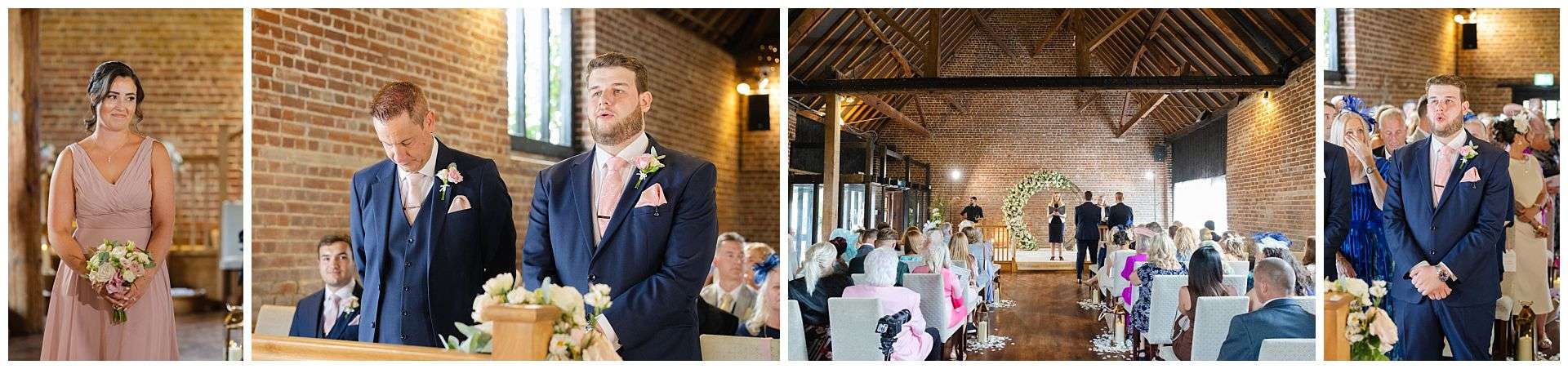 waiting for the bride to walk down the aisle, nervous groom, bridesmaids at Cooling Castle Barn Wedding Venue by Louisa Dettmer Photography
