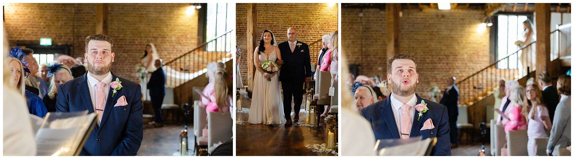 groom waiting for bride to walk down the aisle with her dad, nervous groom at Cooling Castle Barn Wedding Venue by Louisa Dettmer Photography