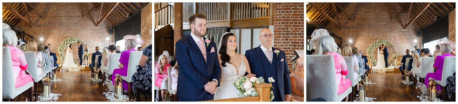 wedding ceremony indoors at Cooling Castle Barn Wedding Venue by Louisa Dettmer Photography