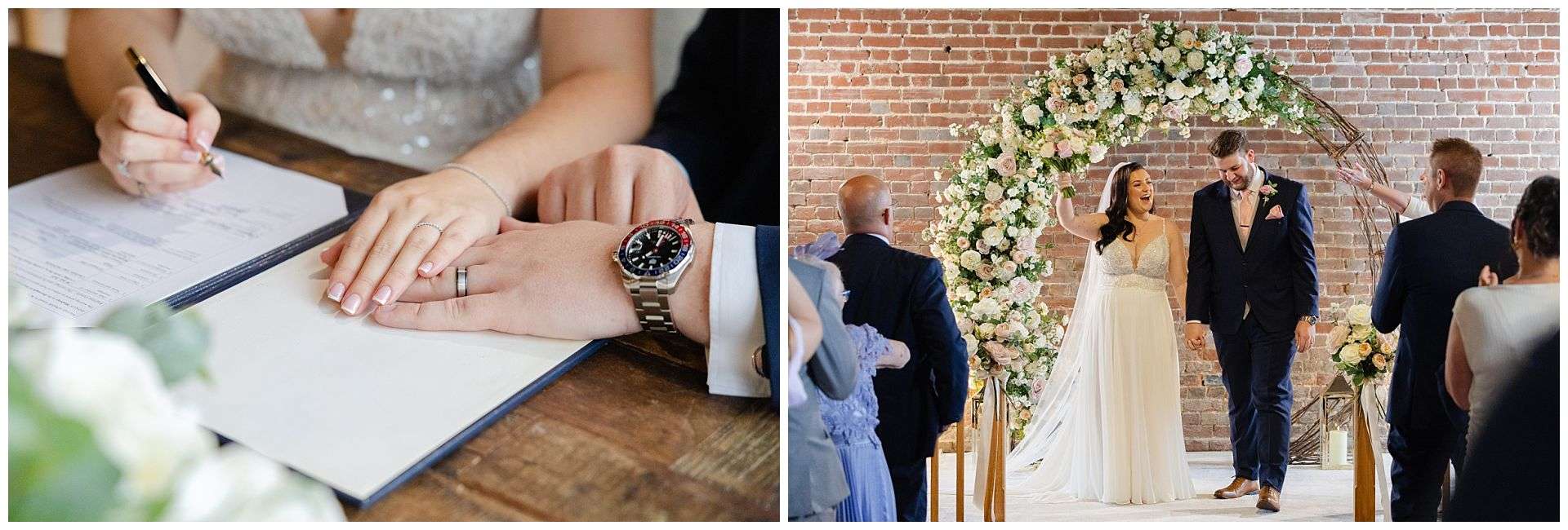 signing the register and celebrating aisle walk at end of ceremony at Cooling Castle Barn Wedding Venue by Louisa Dettmer Photography