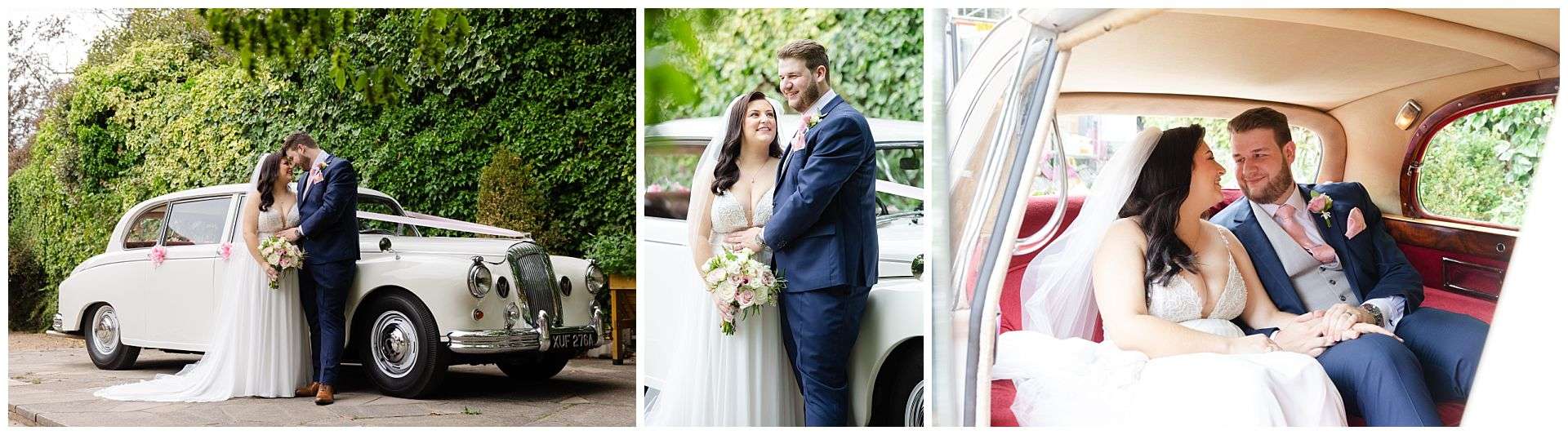 bride and groom couples photography with wedding car at Cooling Castle Barn Wedding Venue by Louisa Dettmer Photography