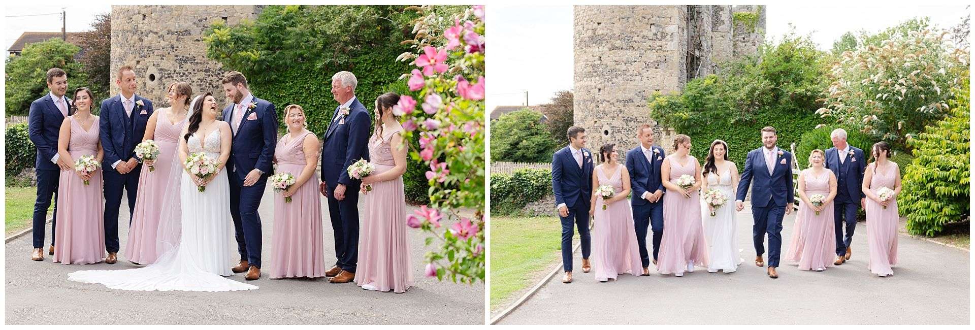 bridal party, bridesmaid and groomsmen photographs at Cooling Castle Barn Wedding Venue by Louisa Dettmer Photography, pink bridesmaid dresses