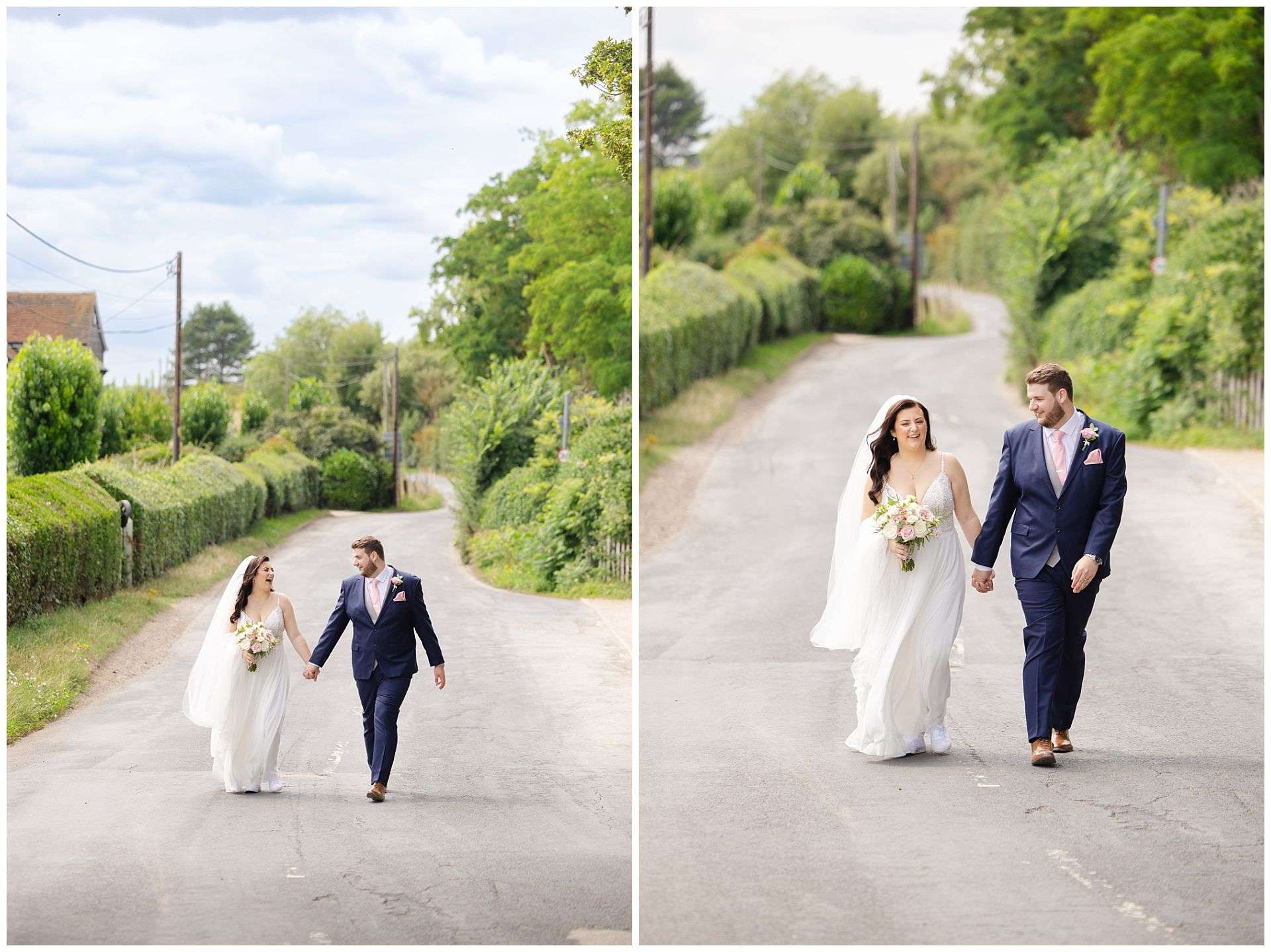 bride and groom walking in lane, holding hands at Cooling Castle Barn Wedding Venue by Louisa Dettmer Photography