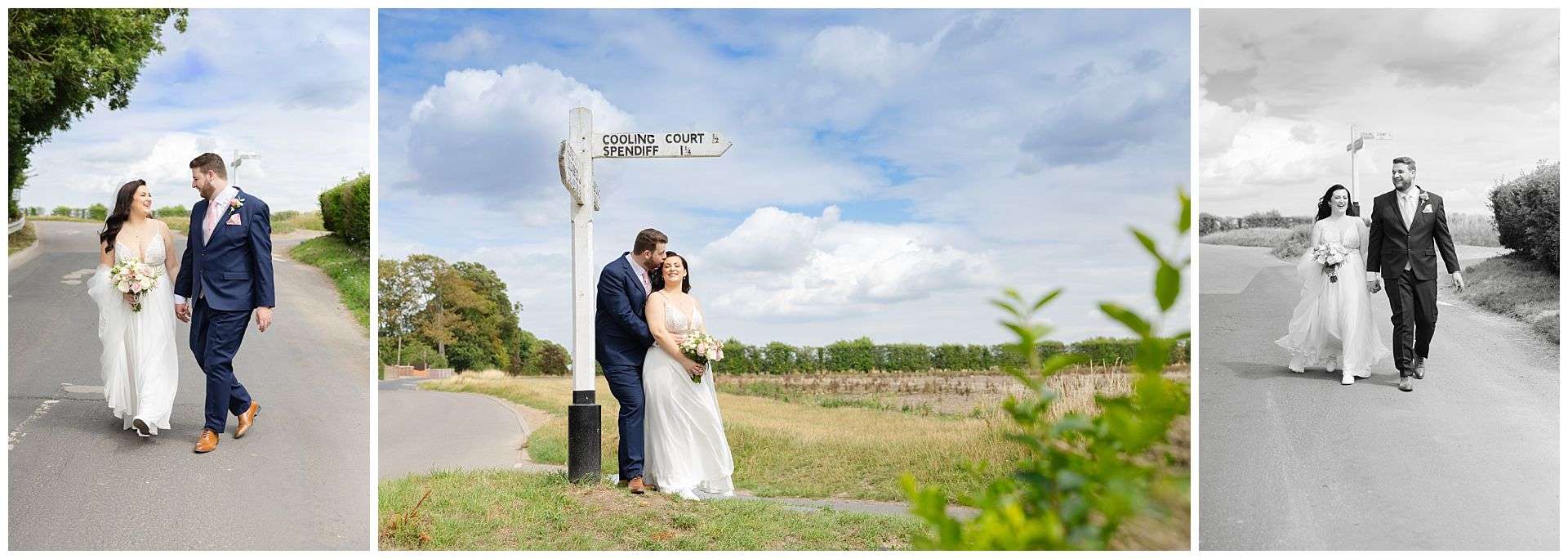 bride and groom photographs in lane and by signpost at Cooling Castle Barn Wedding Venue by Louisa Dettmer Photography