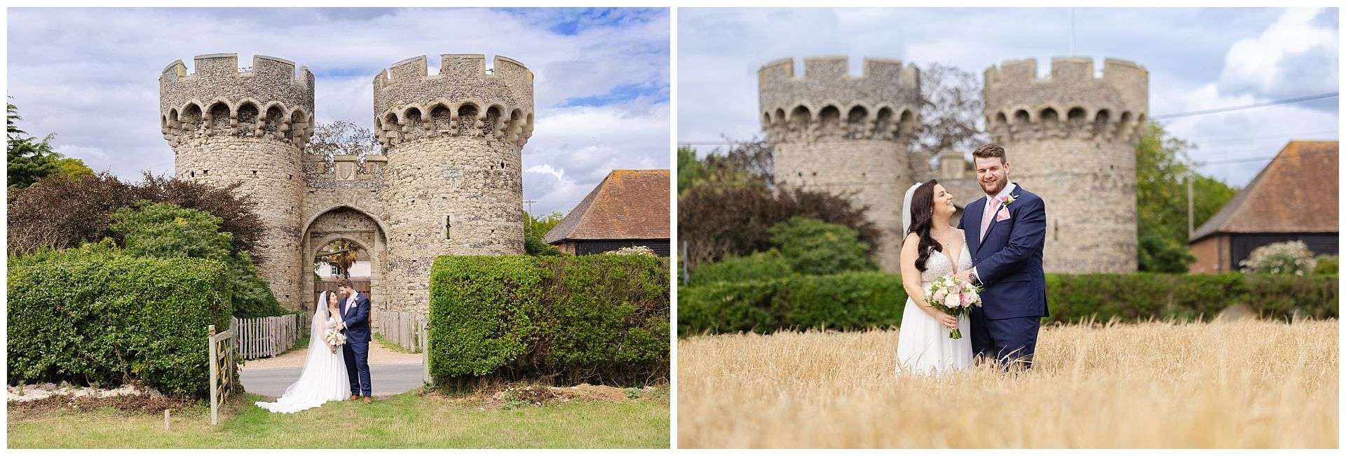 bride and groom photographs in corn field and in long grass at Cooling Castle Barn Wedding Venue by Louisa Dettmer Photography