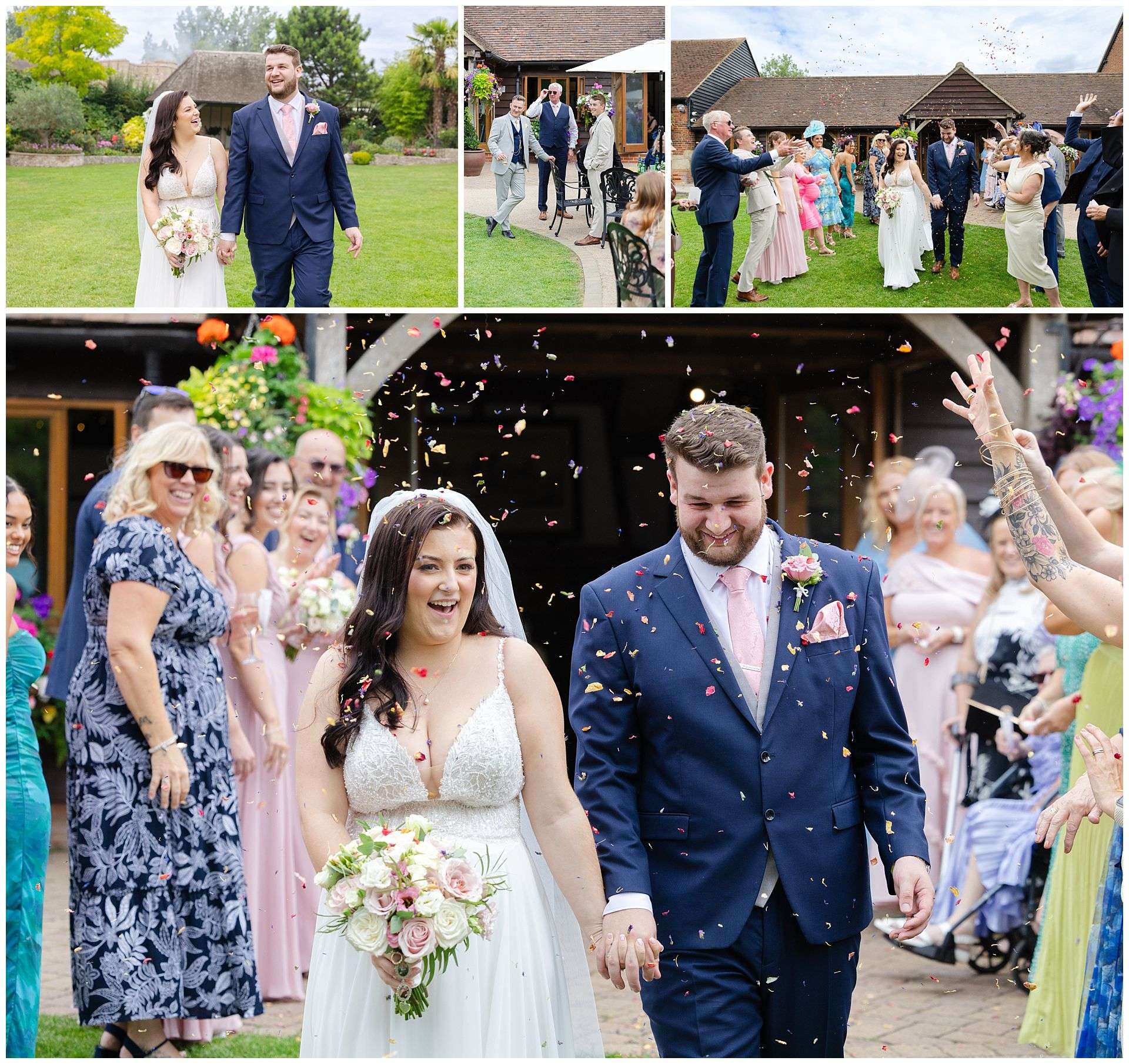 confetti and wedding reception at Cooling Castle Barn Wedding Venue by Louisa Dettmer Photography