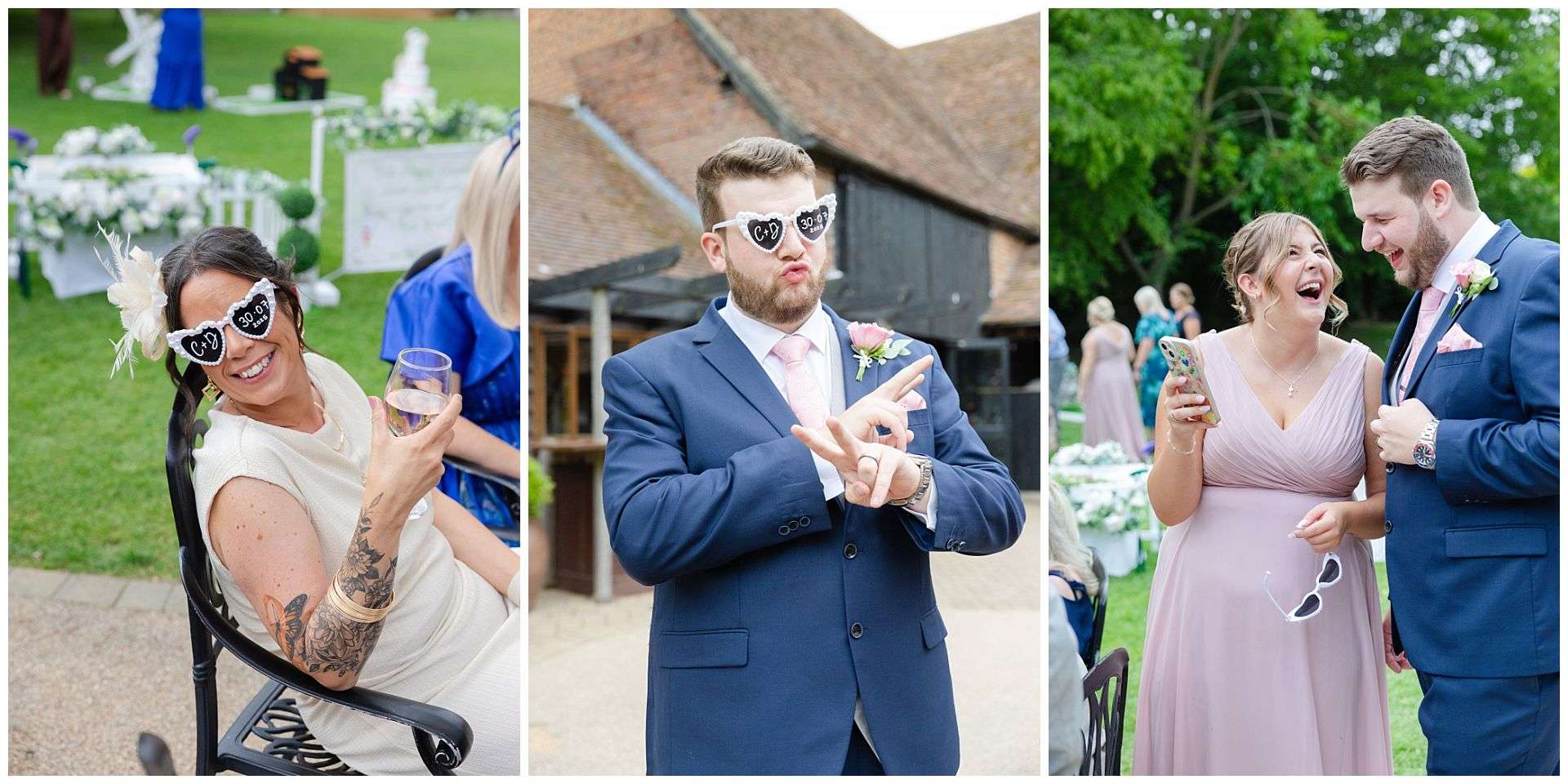 candid photos of guests at wedding reception at Cooling Castle Barn Wedding Venue by Louisa Dettmer Photography