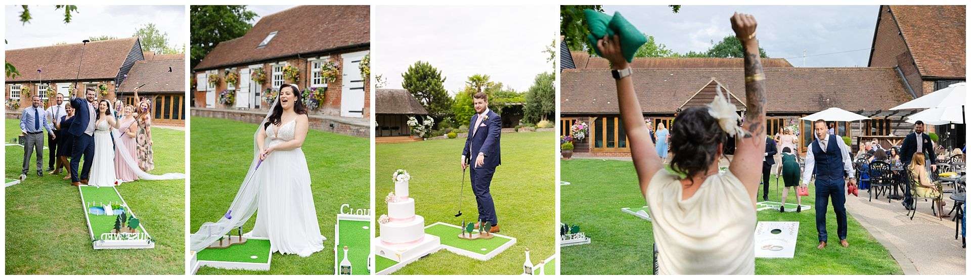 crazy golf at wedding reception with bride and groom at at Cooling Castle Barn Wedding Venue by Louisa Dettmer Photography