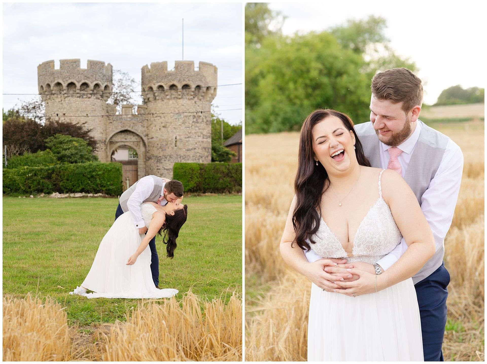 bride and groom cuddles and dip kiss at Cooling Castle Barn Wedding Venue by Louisa Dettmer Photography