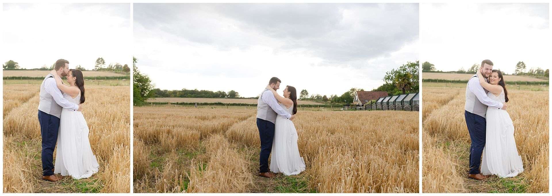 golden hour, bride and groom in corn field and long grass at Cooling Castle Barn Wedding Venue by Louisa Dettmer Photography