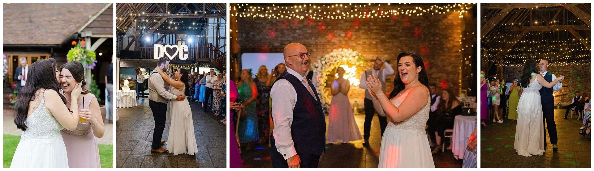 Wedding reception, father and daughter dance at Cooling Castle Barn Wedding Venue by Louisa Dettmer Photography