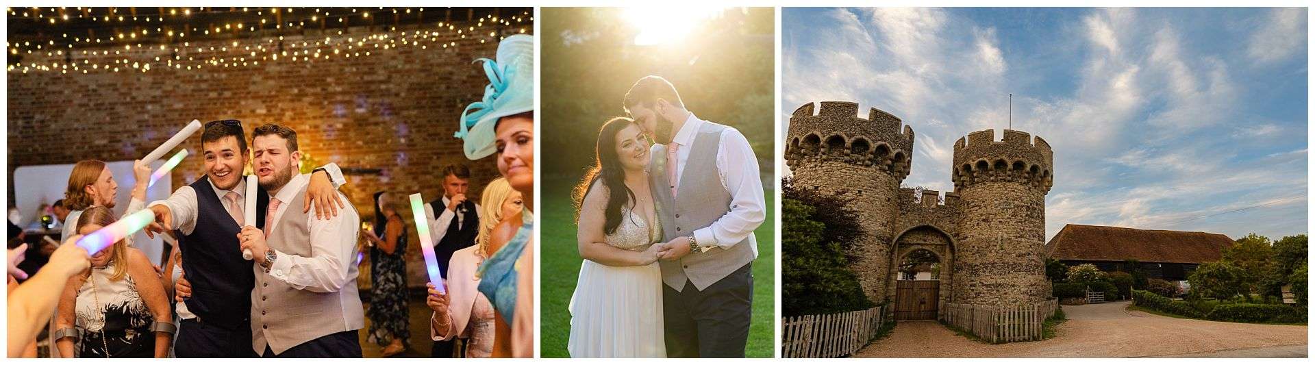 Evening Reception, groom and best man with glow sticks, golden hour with bride and groom at Cooling Castle Barn Wedding Venue by Louisa Dettmer Photography