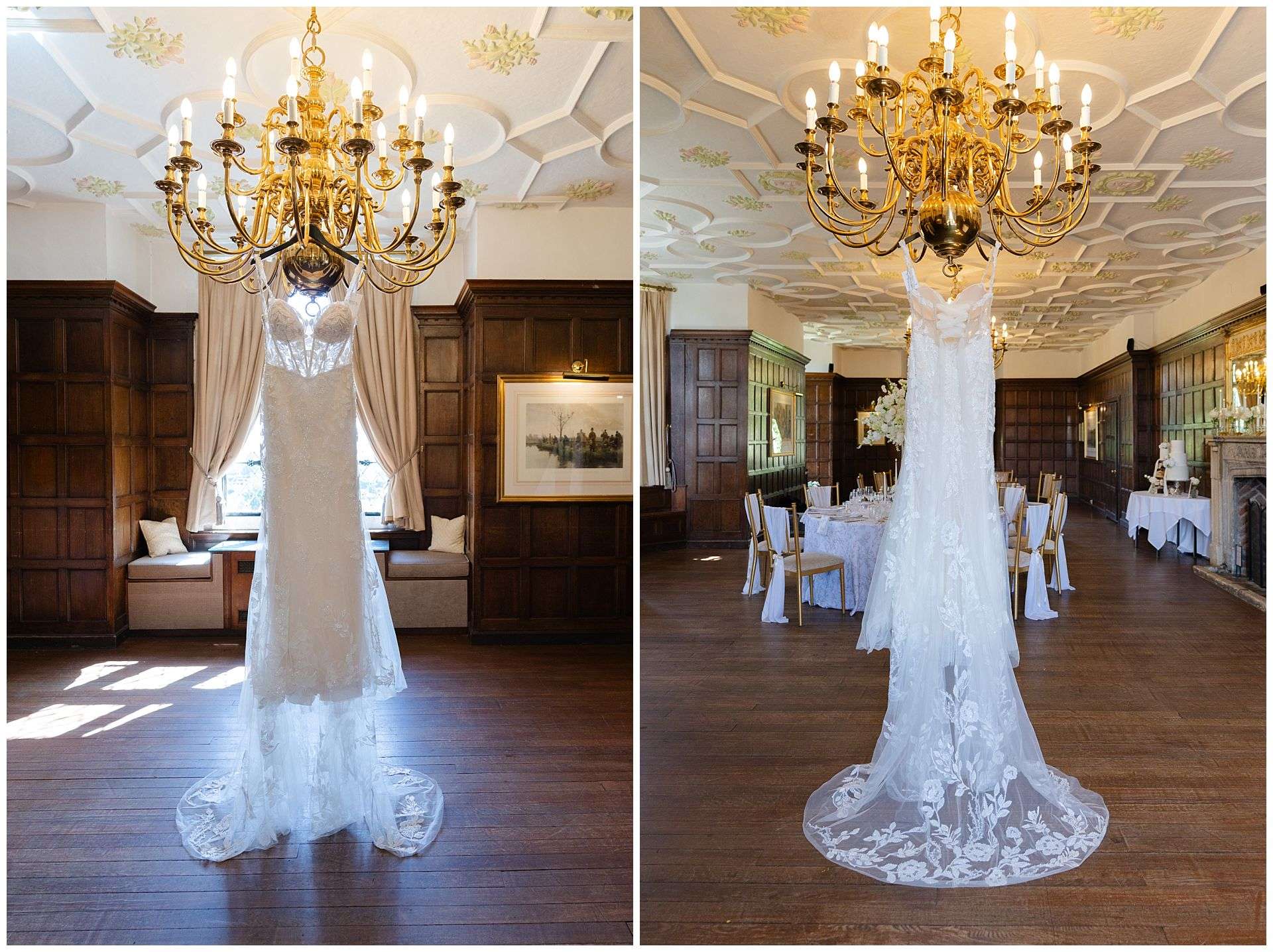 wedding dress hanging from chandelier eastwell manor photo shoot by louisa dettmer photography