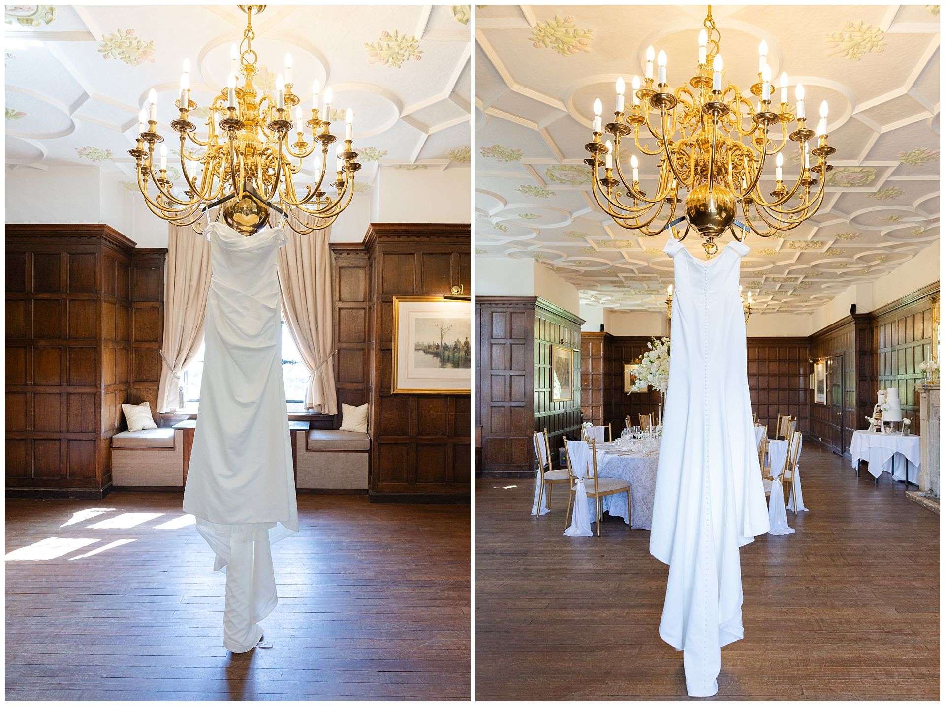 white wedding dress under gold chandeliers eastwell manor photo shoot by louisa dettmer photography