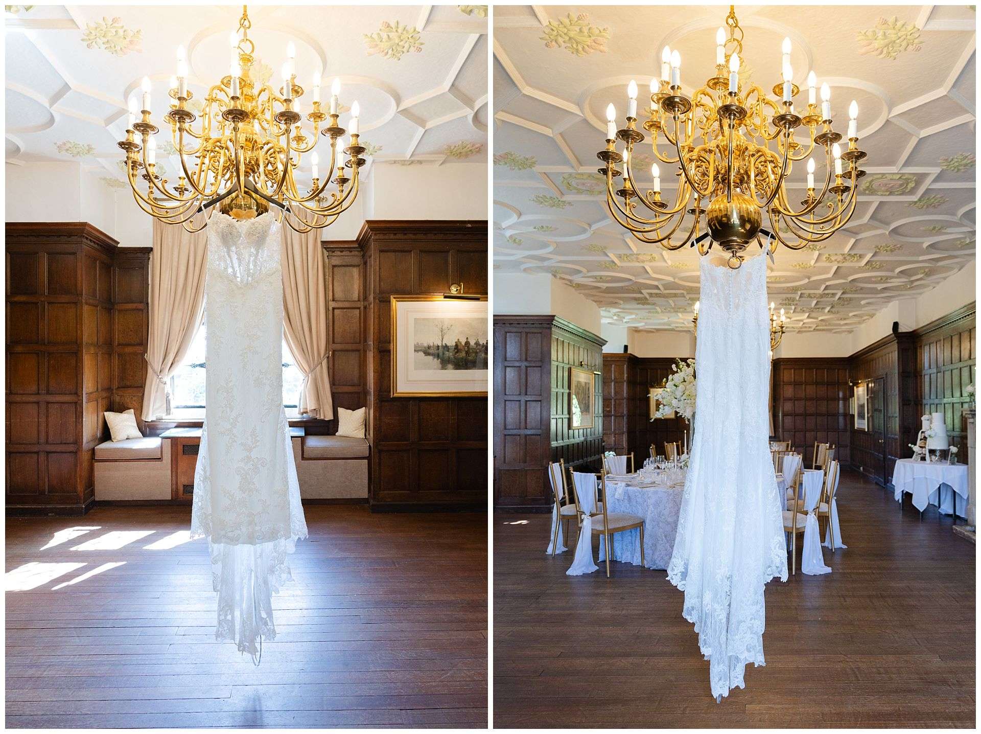 bridal gown under chandelier eastwell manor photo shoot by louisa dettmer photography