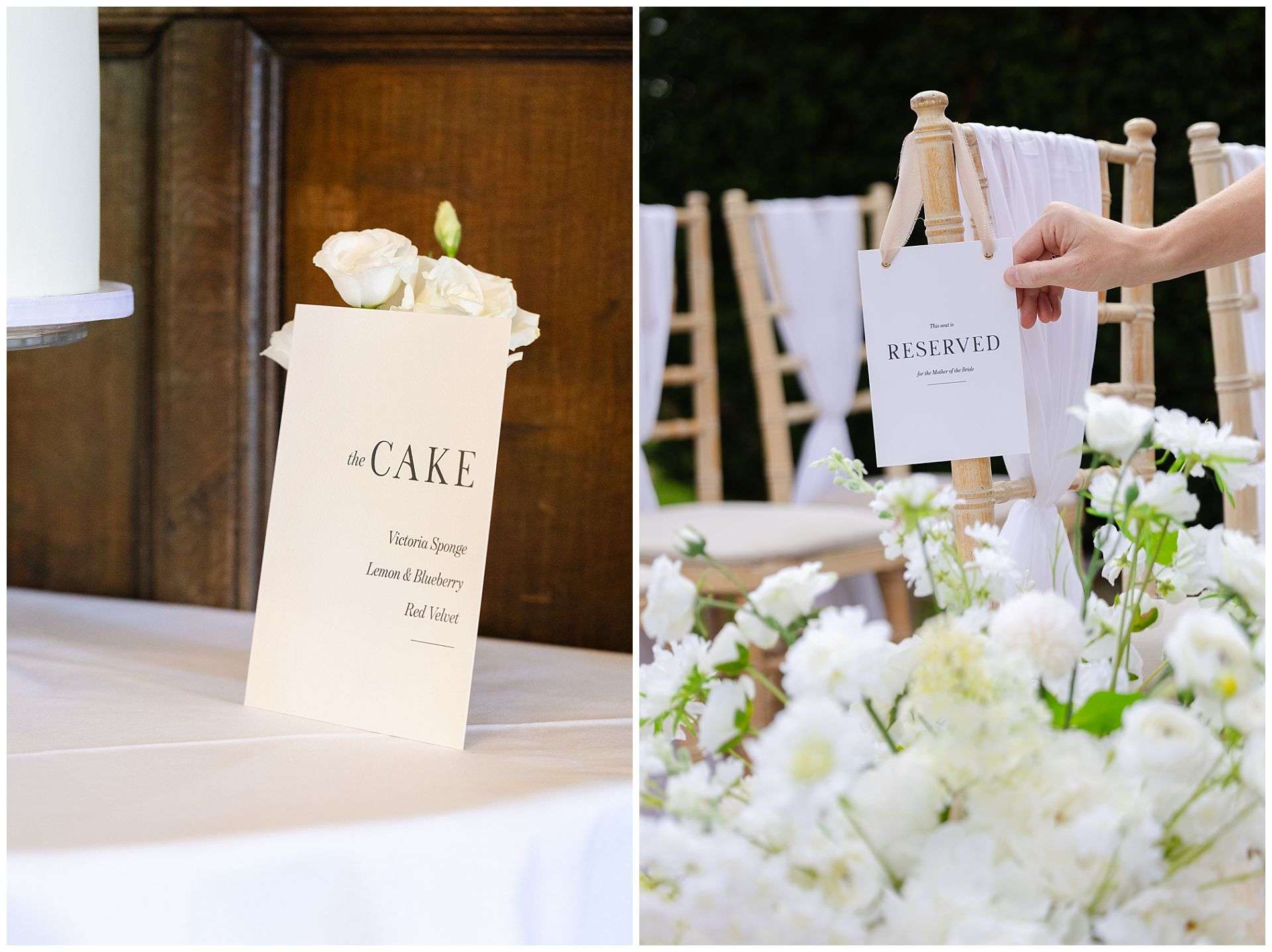 wedding cake and reserved seating eastwell manor photo shoot by louisa dettmer photography